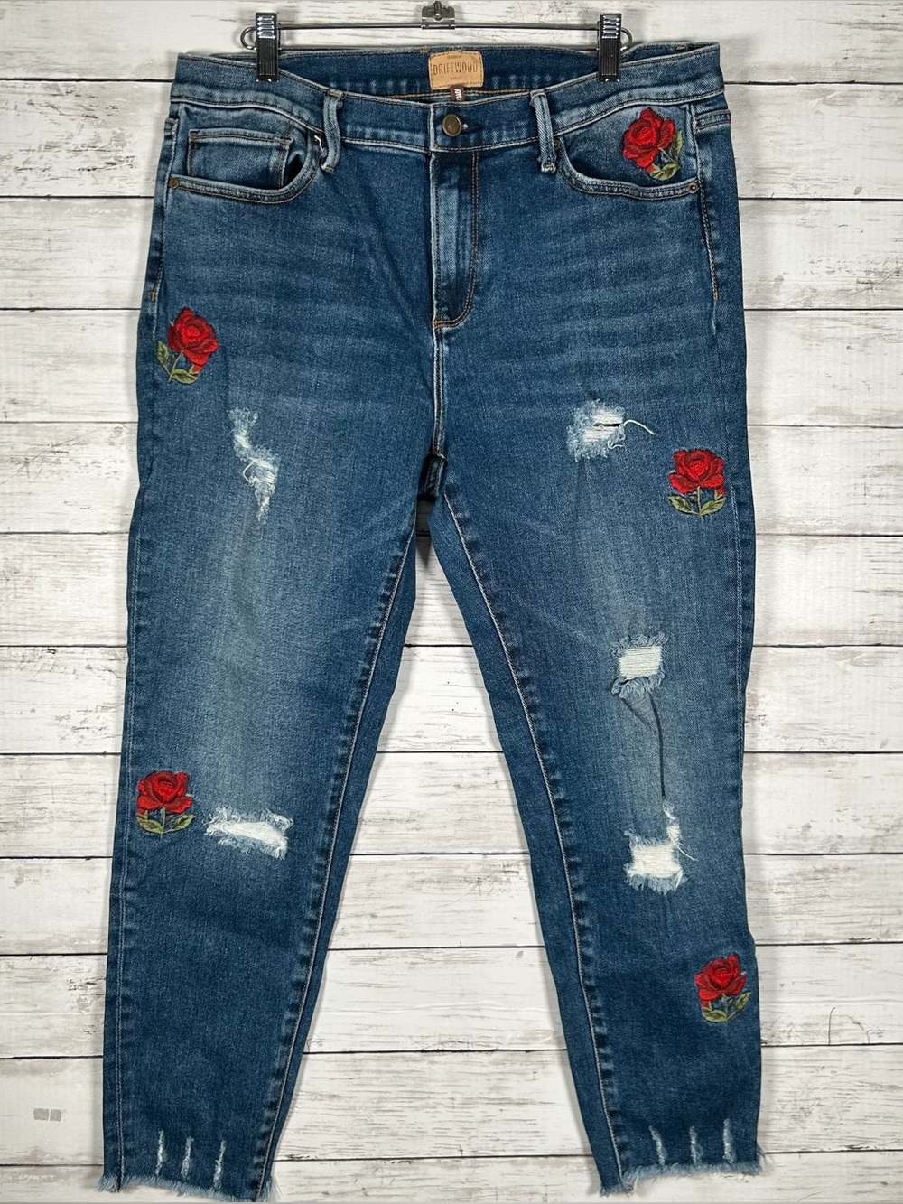 Driftwood Joyce Rose Embellished Distressed Ankle Slim Jeans 30